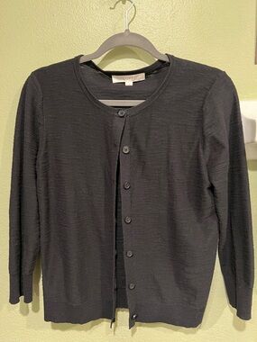 LOFT Black Crewneck Cardigan with 3/4 Sleeves